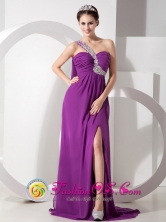 Purple Empire One Shoulder Brush Train High Slit Chiffon Beading and Ruch Dress For 2013 Summer Dama In Isabela Puerto Rico Wholesale  Style GNTB080821FOR