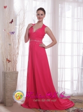 Swan Hill VIC Wholesale Coral Red V-neck Dama   Dresses Chiffon Empire Sweep Beading in Formal party   Style PDHXQ182943FOR 