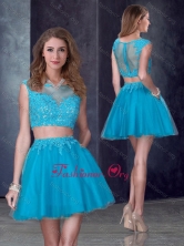 Two Piece Short Bateau Teal Dama Dress with Appliques PME1936FOR