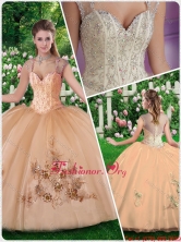 2016 New Style Straps Champange Quinceanera Dresses with Beading and Appliques SJQDDT278002FOR