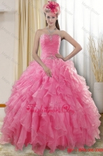 2016 Pretty Rose Pink Quinceanera Dresses with Ruffles and BeadingXFNAO724TZFXFOR