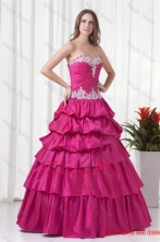 A-line Sweetheart Hot Pink Taffeta Appliques Long Quinceanera Dress for springFFQD060FOR