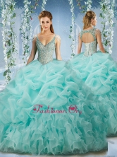 Beaded and Ruffled Aqua Blue Quinceanera Dress with Beaded Decorated Cap Sleeves