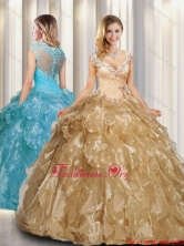 Beautiful A Line Cap Sleeves Champagne Quinceanera Dresses with Beading SJQDDT325002FOR