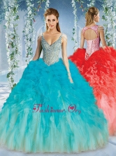 Beautiful Deep V Neck Big Puffy Quinceanera Dresses with Beaded Decorated Cap Sleeves