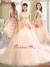 Beautiful Scoop Court Train Quinceanera Dresses with Hand Made Flowers YCQD055FOR