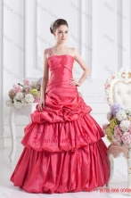 Cheap Coral Red One Shoulder Beading Ball Gown Quinceanera Dress with Pick UpsFVQD041FOR
