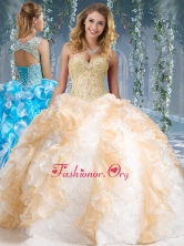 Fashionable Organza and Rolling Flowers Big Puffy Quinceanera Gown in Chamagne and White