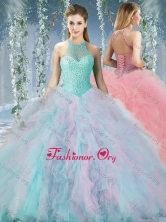 Lovely Beaded Decorated Halter Top Rainbown Quinceanera Dress in Organza SJQDDT528002FOR