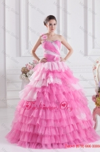 Pretty Rose Pink Princess One Shoulder Beading Quinceanera Dress with Ruffled LayersFVQD040FOR