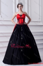 Cheap Strapless Appliques Pick-ups Black and Red Quinceanera Dress with Brush Train FVQD018FOR