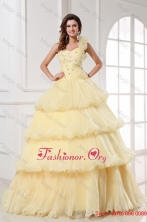Light Yellow One Shoulder Beading and Pleats A-line Quinceanera DressFFQD040FOR