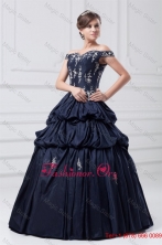 Off The Shoulder Taffeta Navy Blue Quinceanera Dress with AppliquesFFQD063FOR