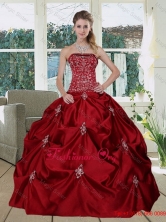 Wine Red  Pretty Strapless 2015 Quinceanera Gown with Embroidery and Pick Ups MLD090710TZFXFOR