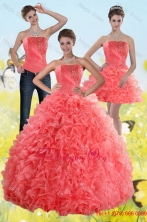 2015 Inexpensive Watermelon Detachable Quinceanera Dresses with Beading and Ruffles XFNAO704TZA1FOR