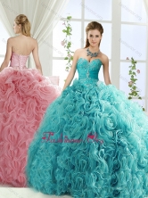 Beaded and Applique Big Puffy Detachable Quinceanera Gown in Aqua Blue