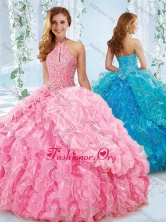 Exquisite Halter Top Beaded Bodice Detachable Quinceanera Dress in Rose Pink SJQDDT540002FOR