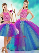 Lovely Beaded Scoop Tulle Detachable Quinceanera Dresses in Rainbow Colored 