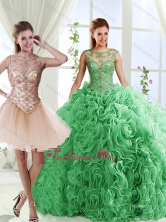 Luxurious See Through Scoop Green Detachable Sweet 16 Quinceanera Gowns with Brush Train