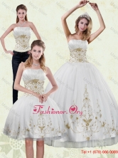 Modest 2015 Strapless Embroidery White and Gold Detachable Quinceanera Dresses XFNAO5789TZA1FOR