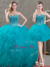 New Arrivals Beaded and Ruffled Teal Detachable Quinceanera Dresses in Organza SWQD050MT-7TZFOR
