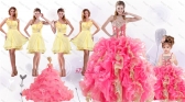 Perfect Beading and Ruffles Quinceanera Dress and Beading Yellow One Shoulder Dama Dresses and Multi Color Ball Gown Pageant Dresses for Little Girl XFNAO904ZHTZ001FOR
