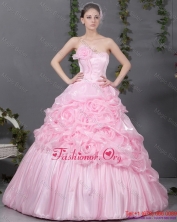 2015 Popular Pink Quinceanera Gowns with Hand Made Flowers and Ruffles WMDQD013FOR