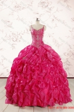 2015 Unique Beading Hot Pink Quinceanera Dresses with Spaghetti Straps FNAO343FOR
