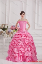 Ball Gown Strapless Pick-ups Rose Pink Quinceanera Dress with Hand Made Flowers FVQD011FOR