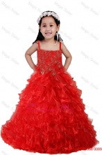 2016 Red A Line Straps Appliques and Ruffles Little Girl Pageant DressLGZY058FOR