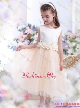 2015 White Flower Girl Dress with Waistband and Hand Made Flowers WMDLG017FOR