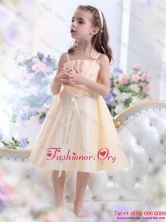 Champagne Spaghetti Straps Little Girl Dresses with Waistband and Hand Made Flower for FallWMDLG008FOR