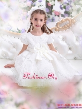 Elegant Lace 2015 White Flower Girl Dress with Short Sleeves and BowknotWMDLG040FOR