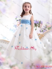 White Scoop Flower Girl Dress with Baby Blue Waistband and AppliquWMDLG019FOR