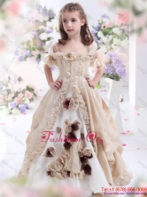 Champagne Spaghetti Straps Flower Girl Dress with Hand Made Flowers and RufflesWMDLG005FOR