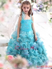 Straps Appliques and Ruffled Layers Pageant Dresses for Kids in Aque BlueWMDLG036FOR