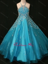 Beaded Decorated Halter Top and Bodice Teal Little Girl Pageant Dress with Criss Cross SWLG001-2FOR