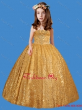 Gold Strapless Sequins Appliques Long 2016 New Little Girl Party Dress LGZY045FOR