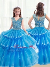 Pretty V Neck Baby Blue Little Girl Pageant Dresses with Ruffled Layers PAG222FOR