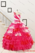 2015 Multi Color Hand Made FlowerQuinceanera Dress with One Shoulder FNAO239FOR