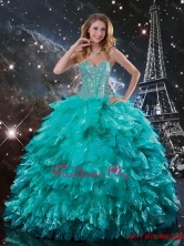 Classical Brush Train Turquoise Quinceanera Dresses with Beading and Ruffles QDDTA90002FOR