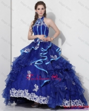 Halter Top Appliques 2015 Quinceanera Dresses with Ruffles and Brush Train WMDQD023FOR