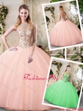 Modest Bateau Peach Quinceanera Dresses with Beading SJQDDT224002FOR