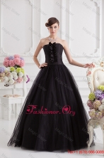 Simple A line Strapless Tulle Black Quinceanera Dress with Ruffles FVQD016FOR