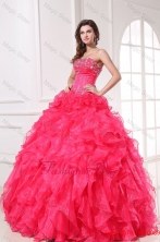Spring Strapless Organza Coral Red Quinceanera Dress with Beading and Ruffles FFQD017FOR