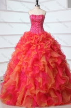 Strapless Red and Orange Red Quinceanera Dress with Beading and Ruffles FFQD084FOR