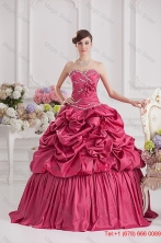 2016 Spring Ball Gown Sweetheart Hand Made Flowers Beading Pick-ups Quinceanera Dress in RedFVQD012FOR