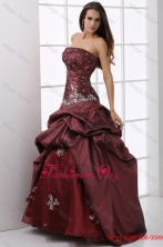A-line Burgundy Strapless Beading and Appliques Quinceanera Dress FFQD050FOR