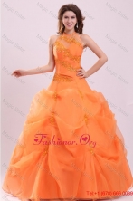A-line Orange Halter Top Neck Appliques with Beading Quinceanera Dress FFQD037FOR