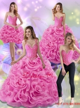 Beautiful Rose Pink 2015 Sweet 15 Dresses with Beading and Rolling Flowers SJQDDT18001FOR